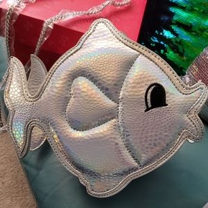 Iridescent silver hologram novelty fish evening bag with chain by Nila Anthony